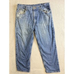 Carhartt Jeans Mens 38x30 Blue Flannel Lined Relaxed Fit Work Denim B172 DST‎